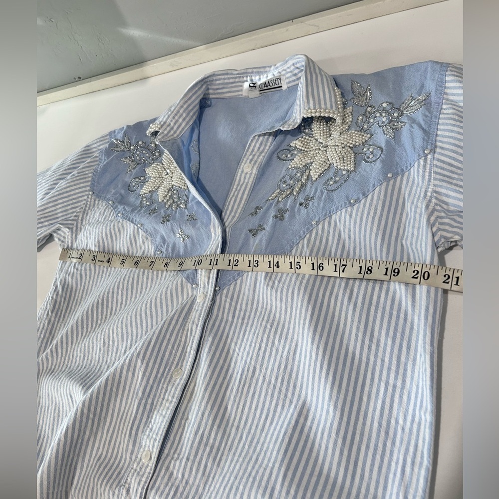 Men's Blue Striped Shirt with Floral Embroidery - Picture 7 of 16